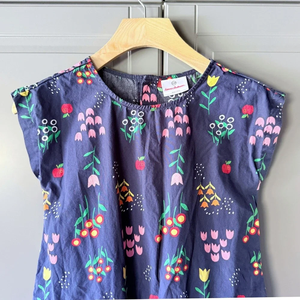 Hanna Andersson Girls Floral Fruit Print Drop Waist Dress, Navy Multi,8